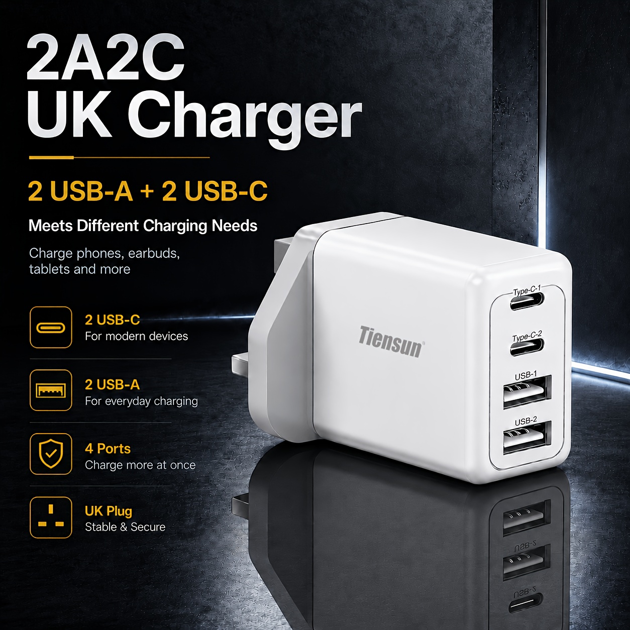 2A2C UK Plug Multi 4 USB Ports Smart Charging Block