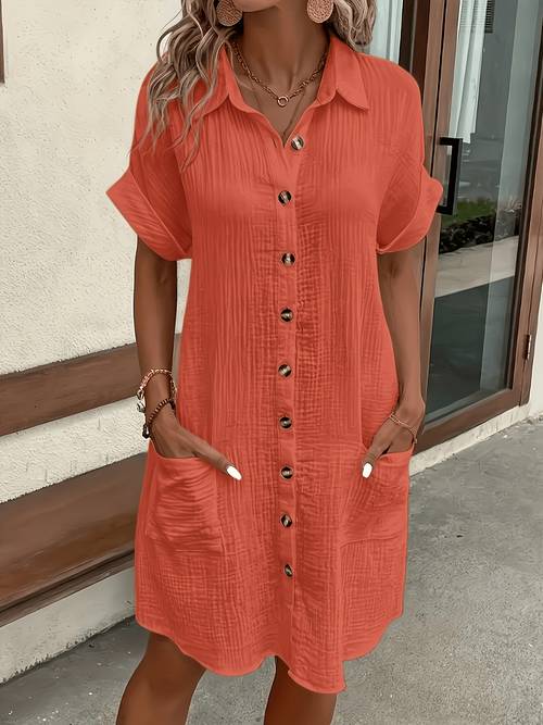 womens summer new short sleeve lapel button pocket dress fashion shirt dress
