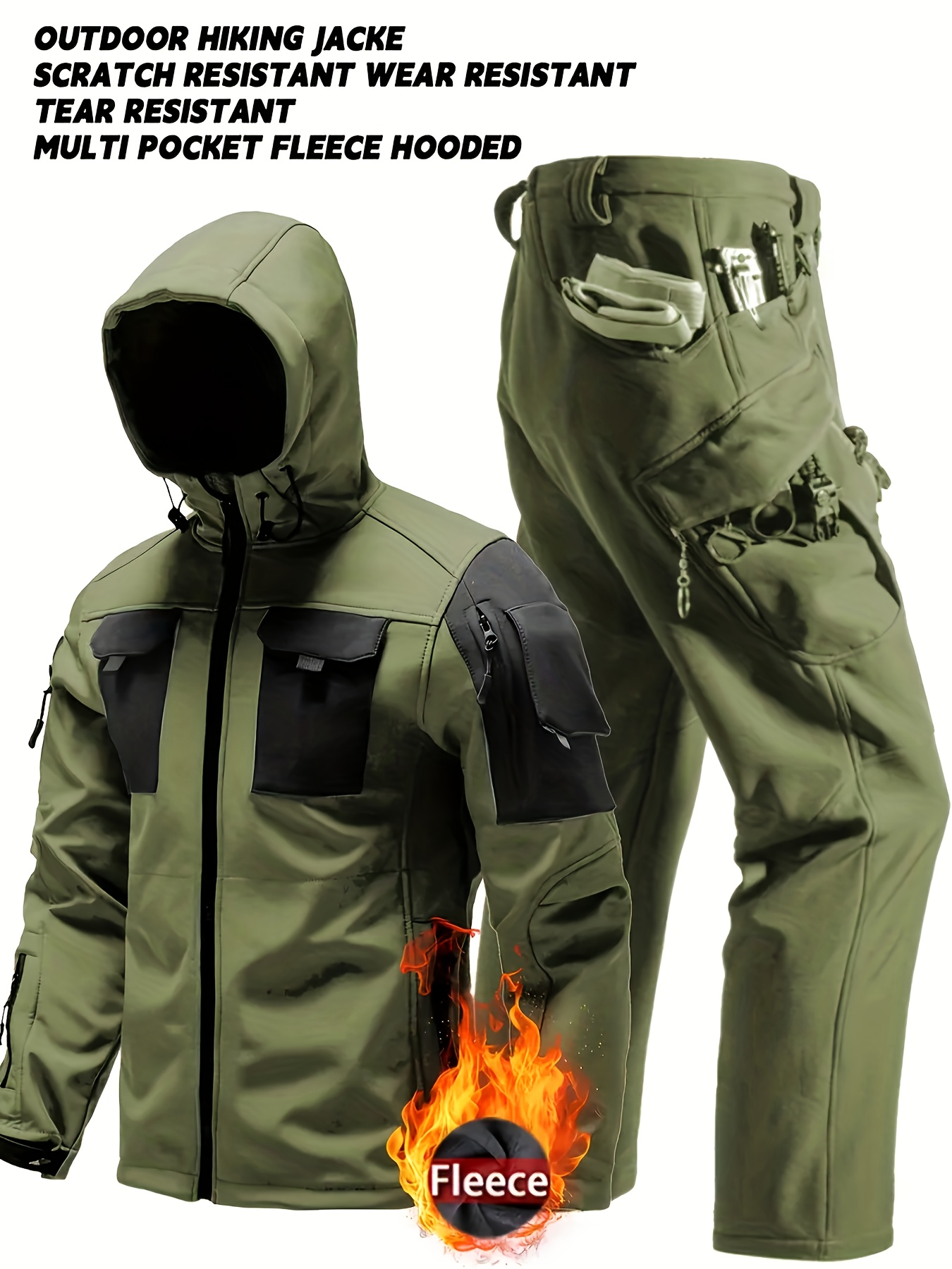 Men's Tactical Fleece Hooded Soft Shell Jacket & Overalls Set