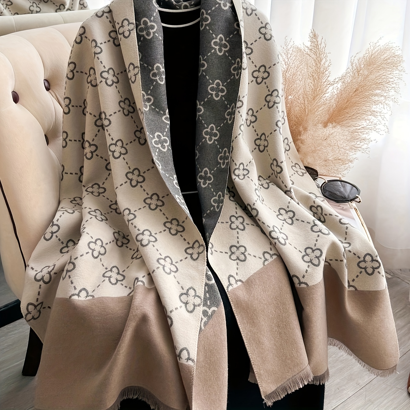 TEMU 2026 Autumn/winter Export To Korea, Europe, And America: Women's Fashion Solid Color Printed Scarf Shawl, Thickened Warm Neck Warmer
