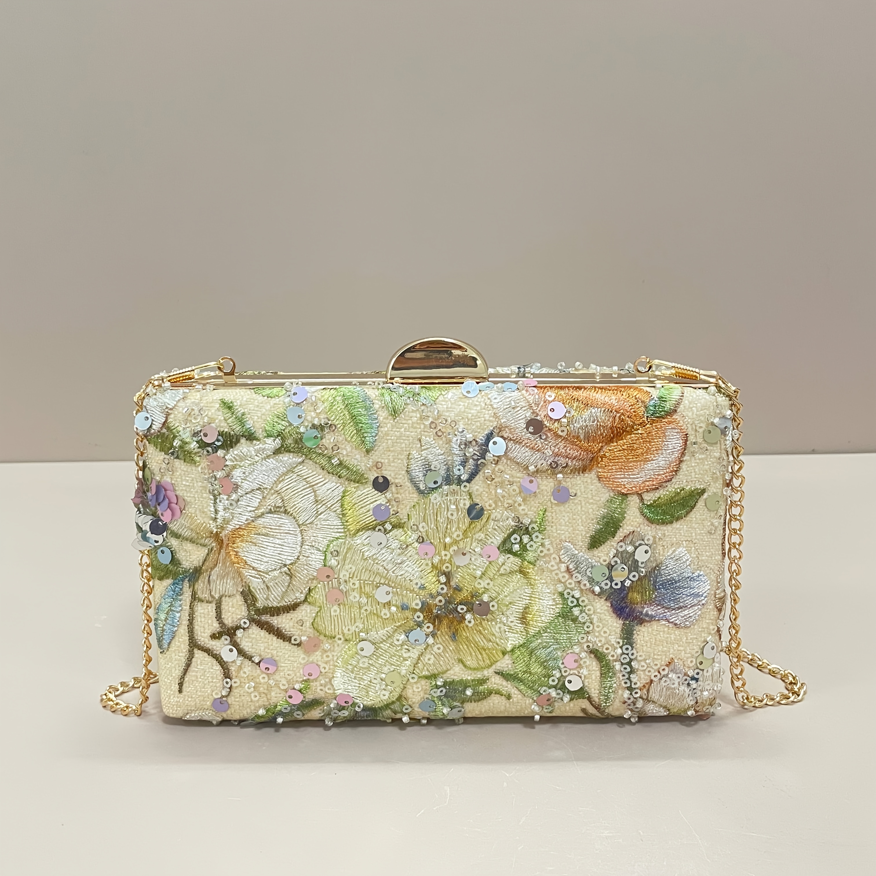 TEMU New Embroidered Sequin Evening Clutch For Women, Suitable For Weddings/vacations/formal Parties/prom, With A Chain, Petal Shape Delivered, Party