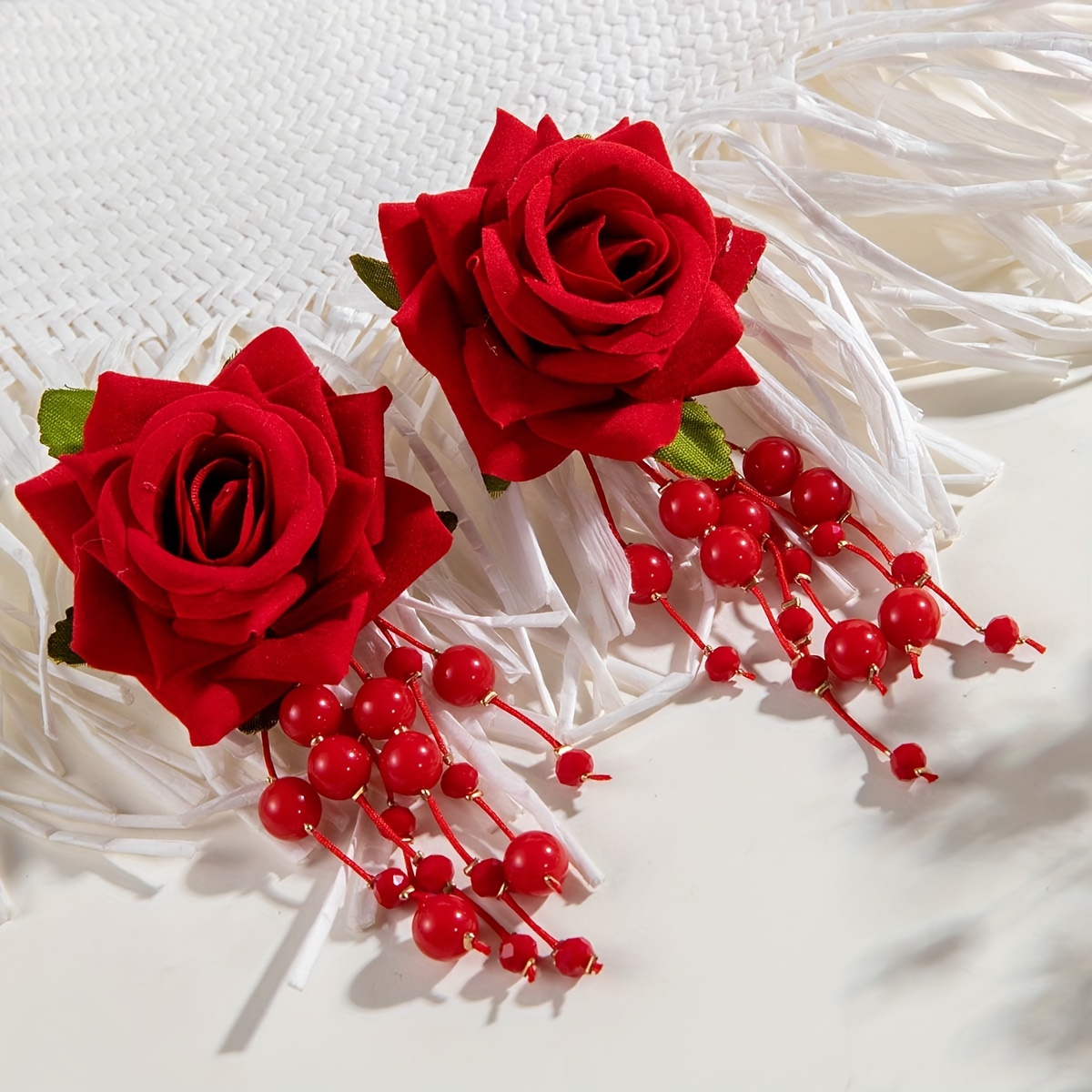 Vintage Inspired Red Rose Beaded Dangle Earrings