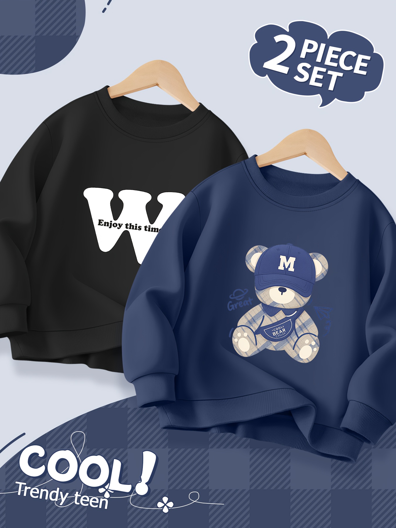 2pcs Boys' Casual Sweatshirt Set with Bear & Letter Graphics