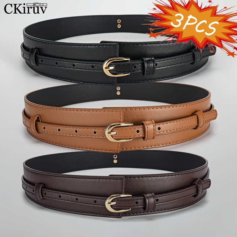 3pcs Retro Wide Waist Belt For Women, Made Of Durable Pu Material, Detachable And Adjustable For ; Coffee , Style Accessory, Suitable For Suits, Coats, Jackets, Dresses, Versatile