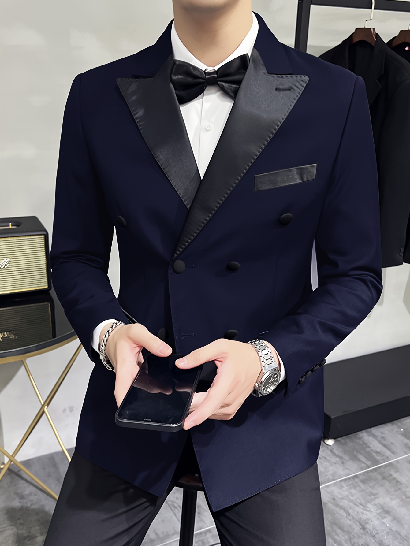 Sakko Schwarzer Mantel Zu Blauem Anzug Herren Eleganter