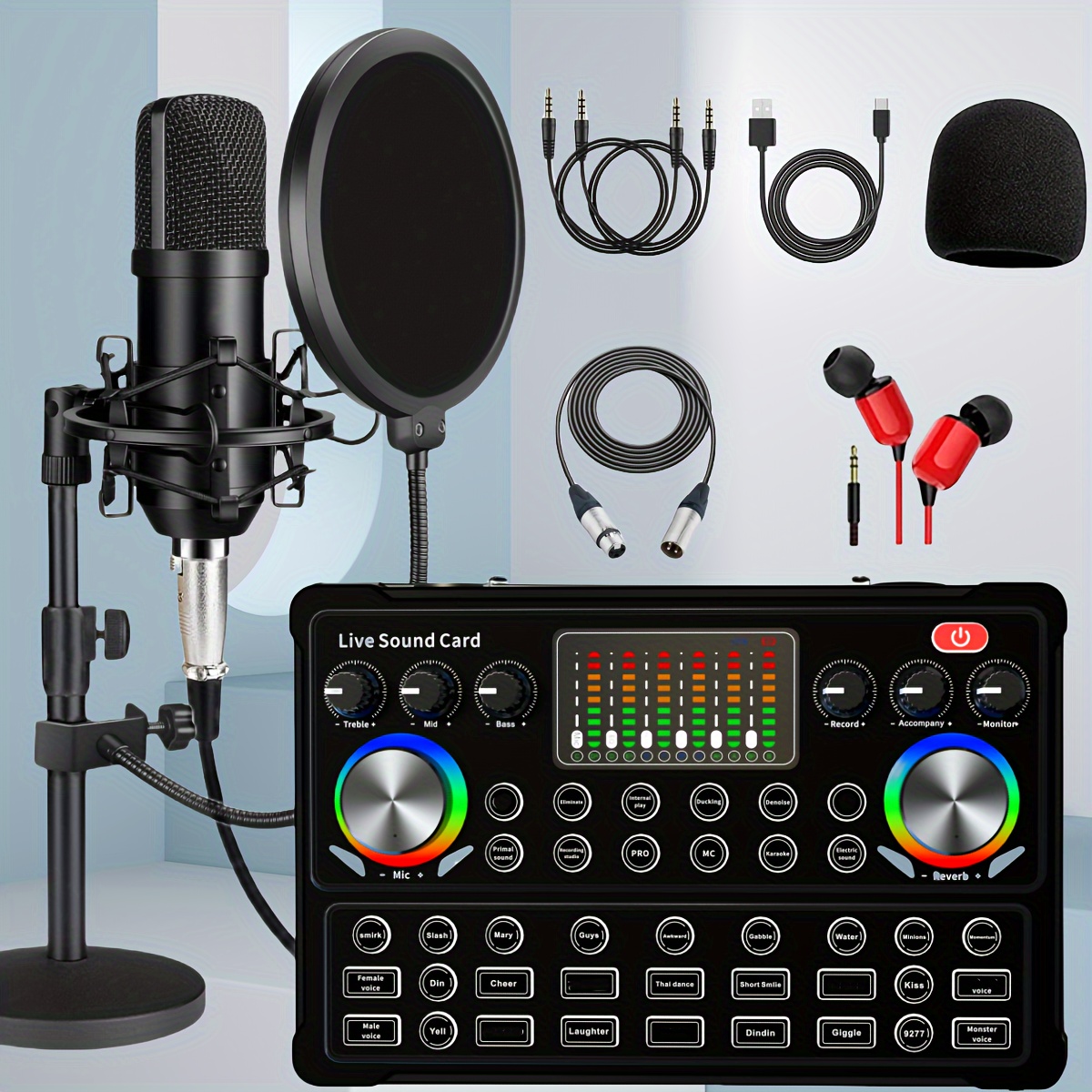 Kit Podcast Tout-en-Un : Microphone Condensateur, Interface Audio, Bras Et Effets Sonores - Idéal Streaming