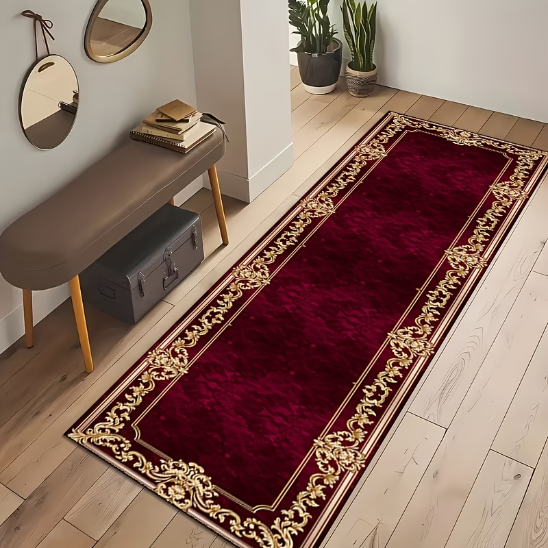 TEMU 1pc Vintage Persian Carved Long Runner Rug, Burgundy Base With Golden Relief Floral Pattern Mat, Light Luxury European Court Style Decorative