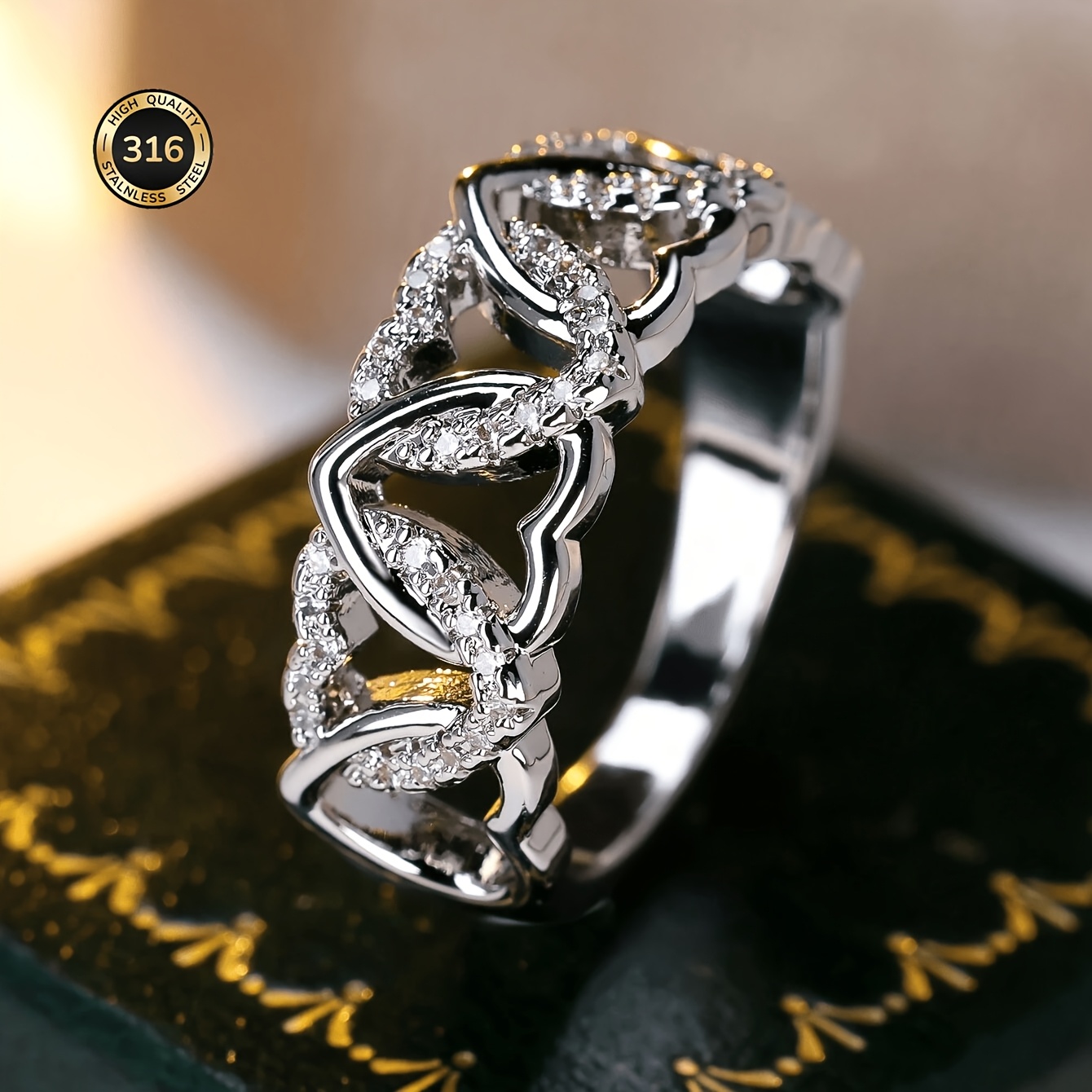 TEMU 1 High-quality Steel -shaped Inlaid Synthetic Zirconia Spring/summer Ring, European And American Supply, Fashionable And Exquisite Hollow