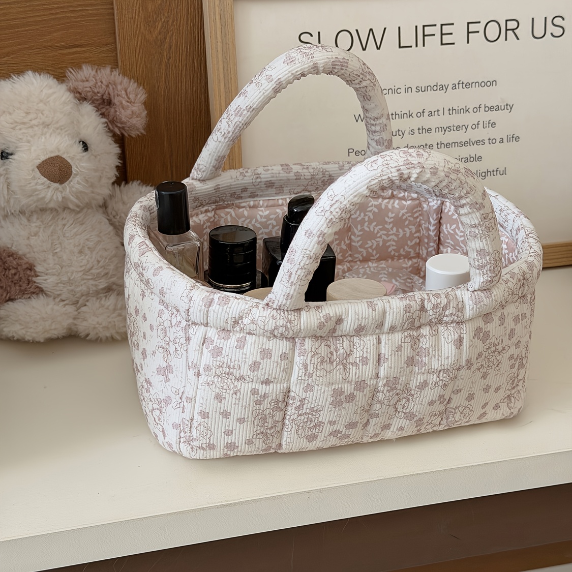 TEMU Peony Open-style Storage Box, Stylish And High-value Rustic And Office Desktop Organizer, Household Fabric Small Items Storage Basket With
