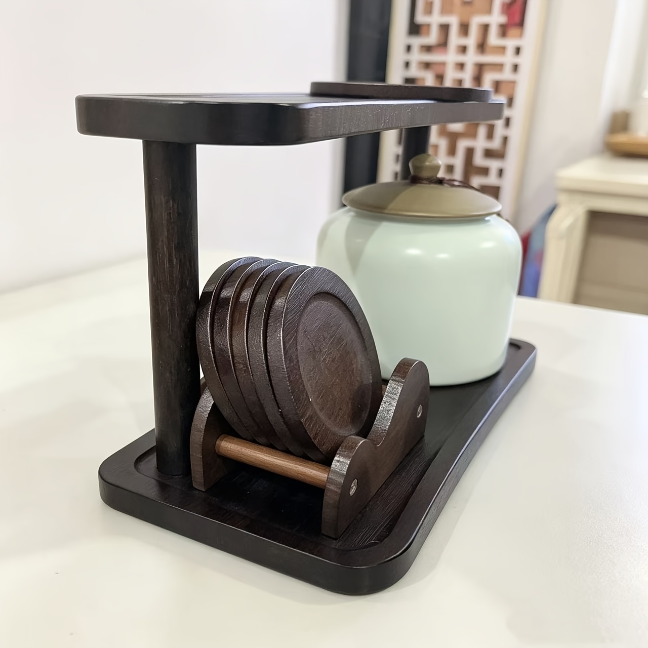 TEMU Set de 6 sous-verres et porte-gobelets, sous-verres artisanaux en bois épais, résistants à la chaleur et antidérapants. Convient pour tables