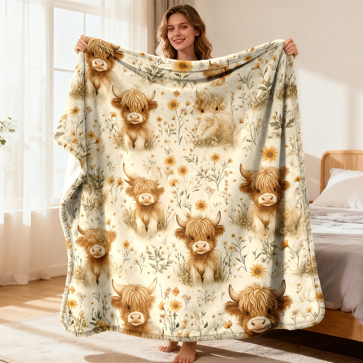 TEMU Retro Watercolor Highland Cow And Sunflower Soft Flannel Blanket, Cozy Sofa Cover, Warm, Floral Animal Print, Perfect Farmhouse Home Decor
