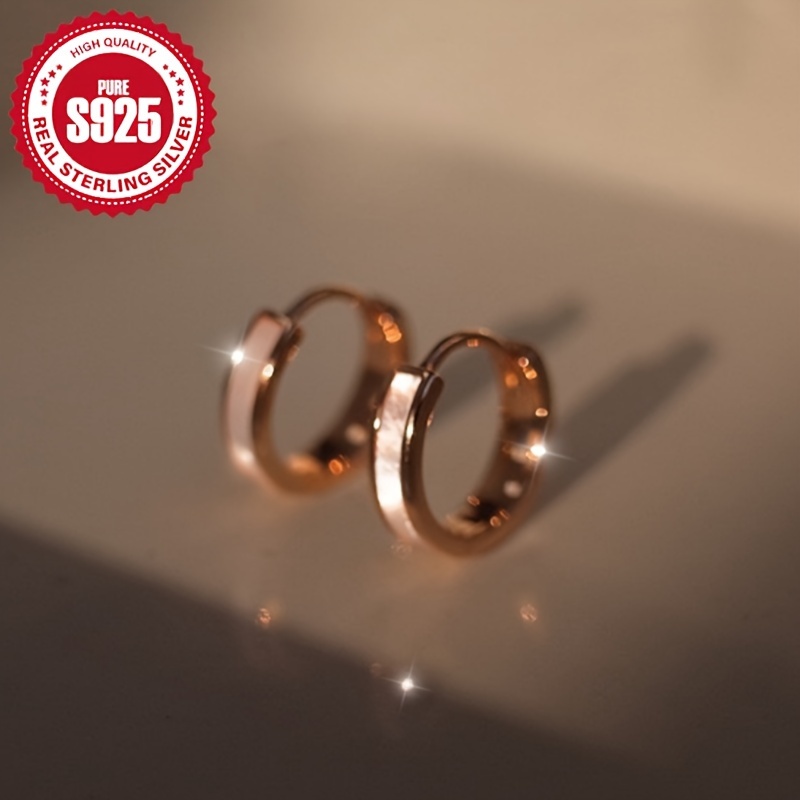 

1 Pair Elegant Simple Hoop Earrings For Women, 925 Sterling Silver With Rose Golden , Mother-of-pearl Inlay, Hypoallergenic, Lightweight 1.1g, For