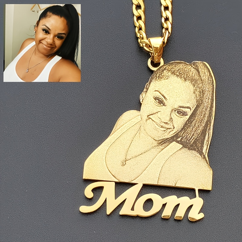 TEMU Fashionable And Elegant, Personalized Stainless Steel Photo Necklace With Logo And Text Engraved - Elegant Cuban Chain, Perfect