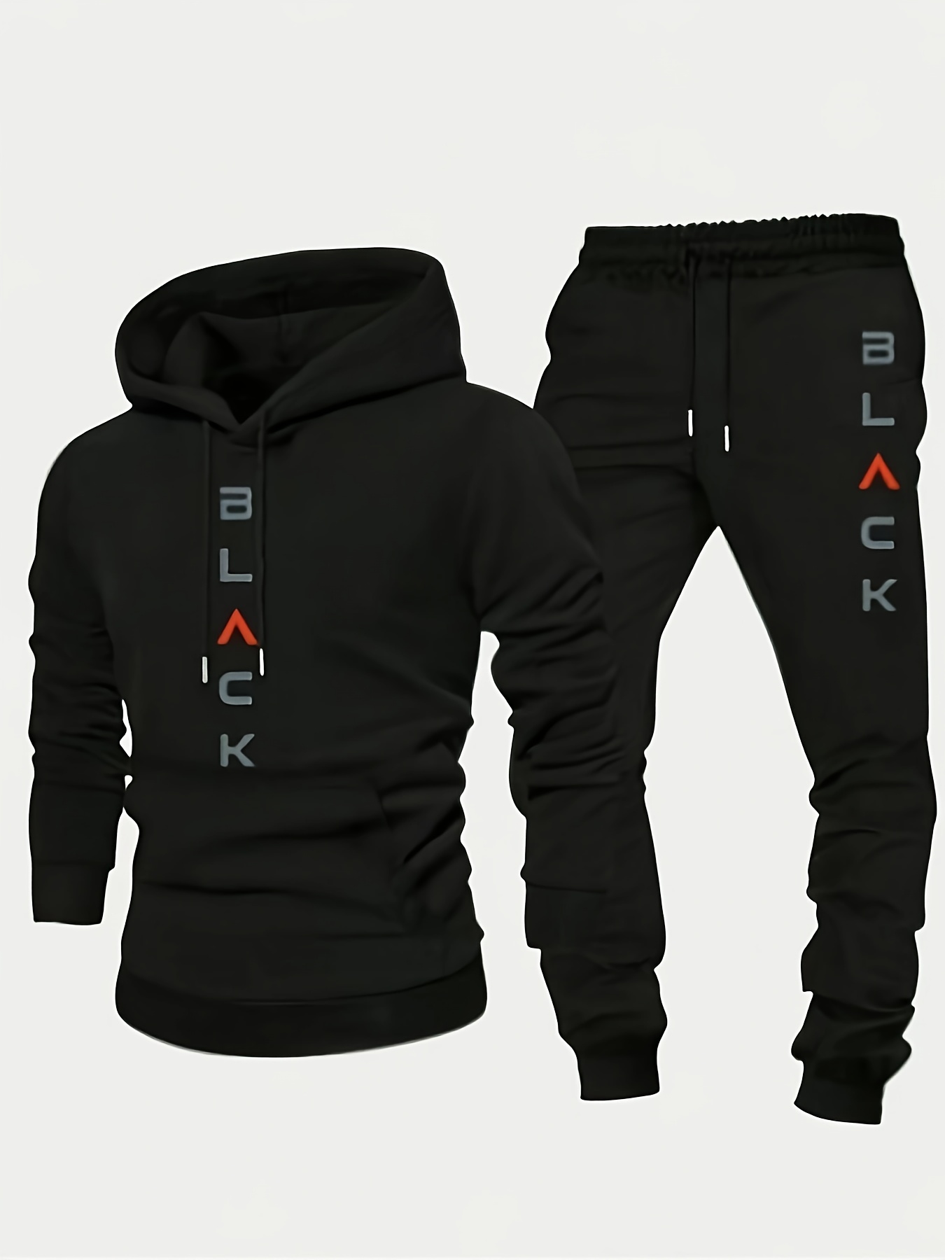 black retro letter print mens two piece set casual round neck long sleeved hooded sweatshirt and sweatpants set suitable for winter and autumn sportswear set