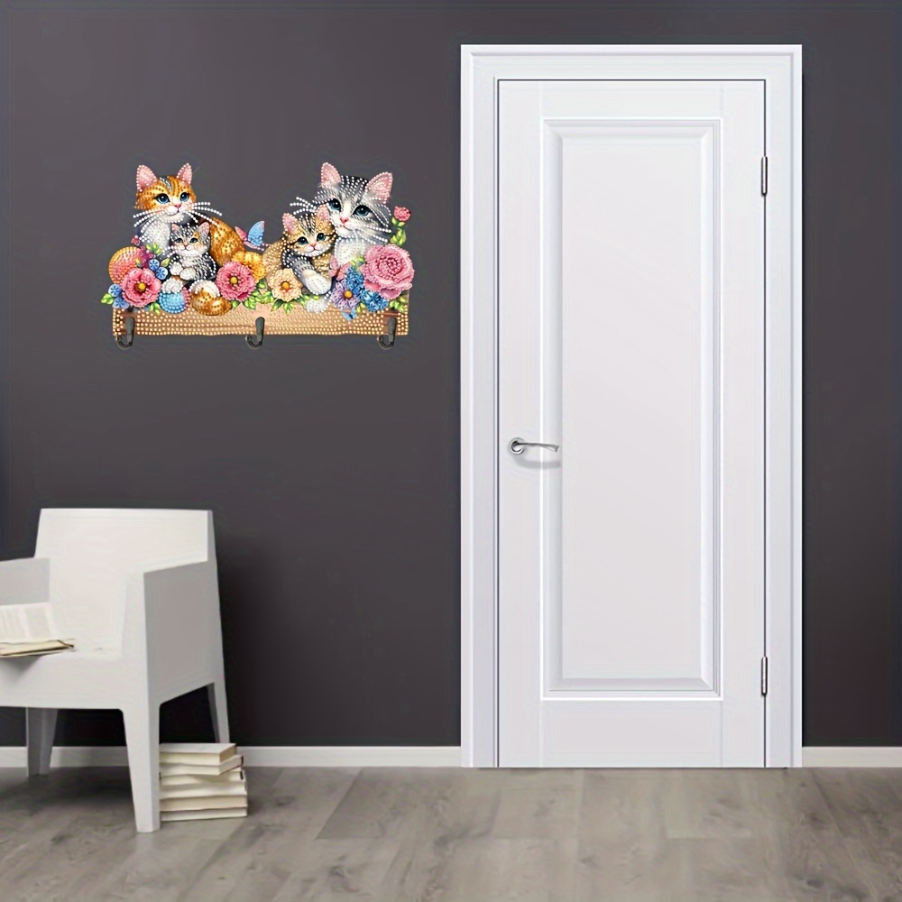 

Diy Diamond Painting Kit: Adorable Cats And Flowers Wall Art, Non-marking Double-sided Adhesive, Screwdriver, And 8 Hooks