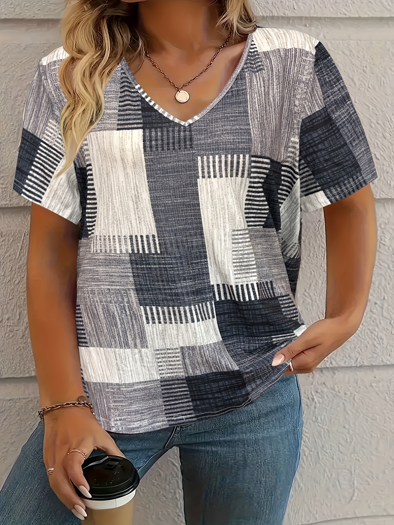 Plus Size, Plus Size Women's Casual V-Neck Short Sleeve T-Shirt - Stretchy Patchwork Print Top with Lime Green & Purple Geometric Design, Machine Washable for Spring Summer Fall, Seasonal Fashion, Nontransparent Fabric, Highelastic Material