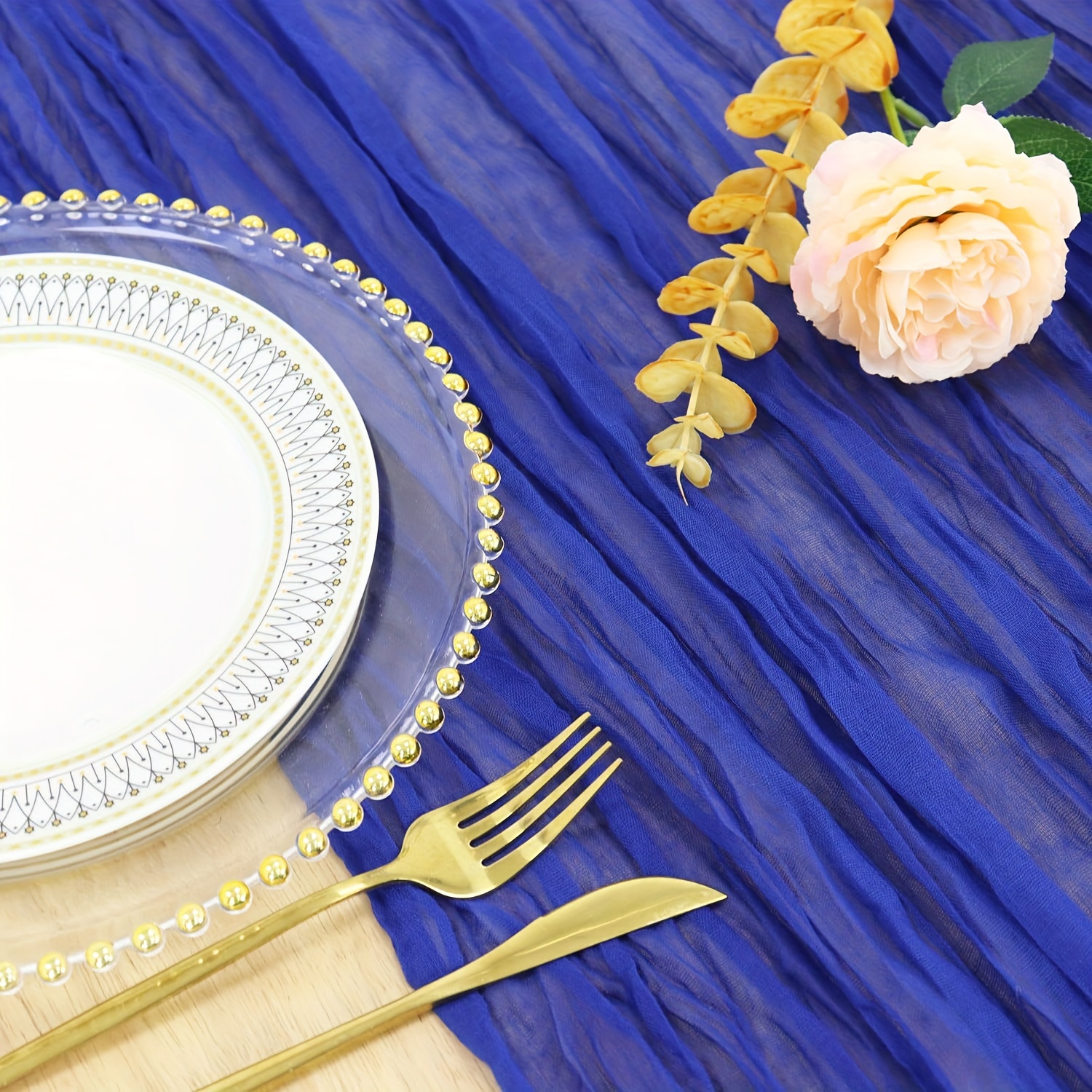 

1pc, Chemin de table en gaze bleu royal, Décoration de mariage rustique Nappe en tissu de gaze pour tables de cadeaux de mariage, Matériau en polyester