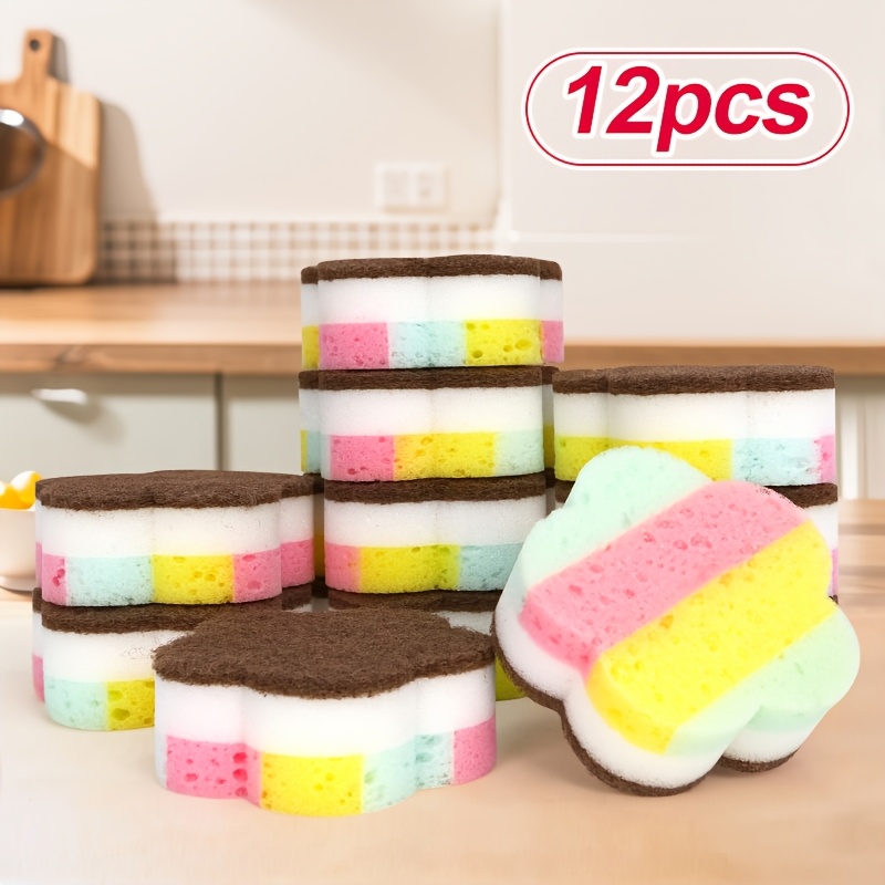 Image of 6/12/24pcs Colorful Three-layer Seaweed Dishwashing Sponge Scouring Pad Cleaning Tool Cleaning Cloth Strong Water Absorption No Scratches Durable Dishwashing Brush Pot Stove Sink Cleaning Magic
