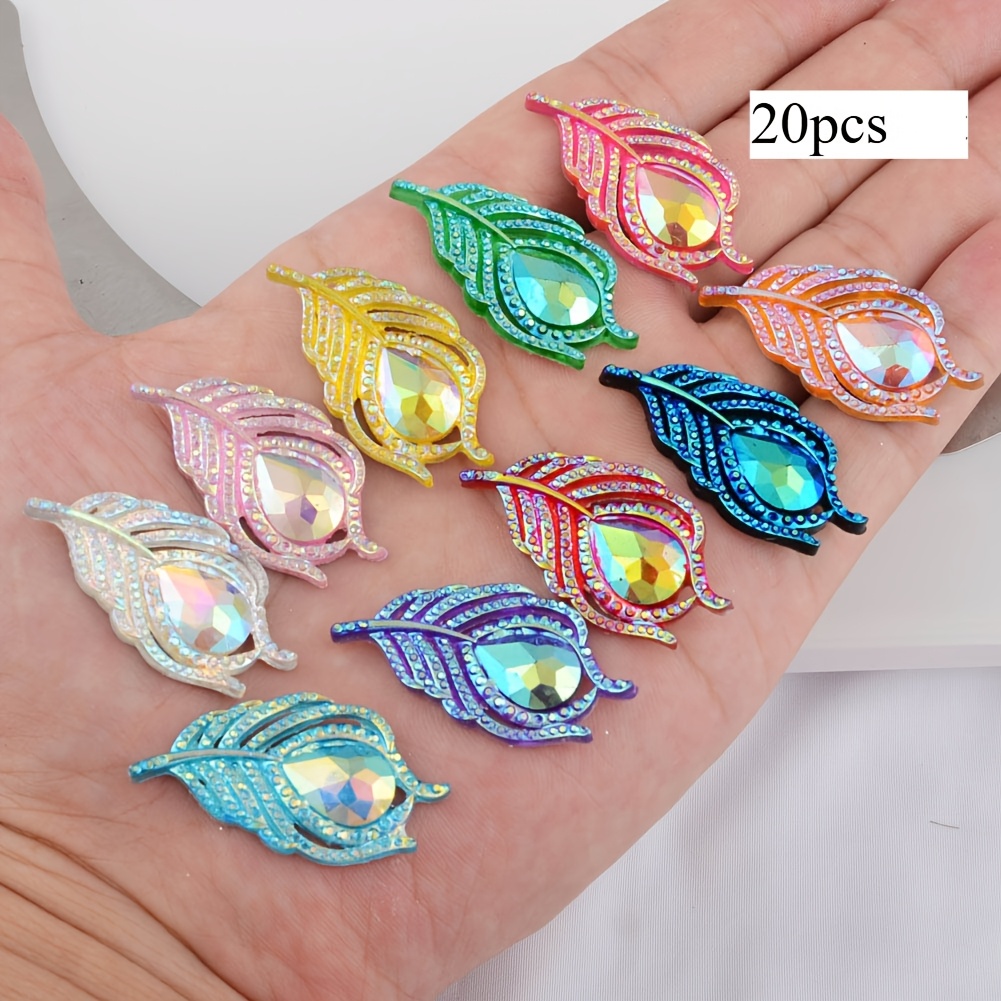 Image of 20pcs 2.0*3.8cm Resin Rhinestones Ab Pearooster Feathers Resin Leaf Shape Sew Strass For Jacket Bag Decor Jewelry Making Phone Shell Decoration Random Colors