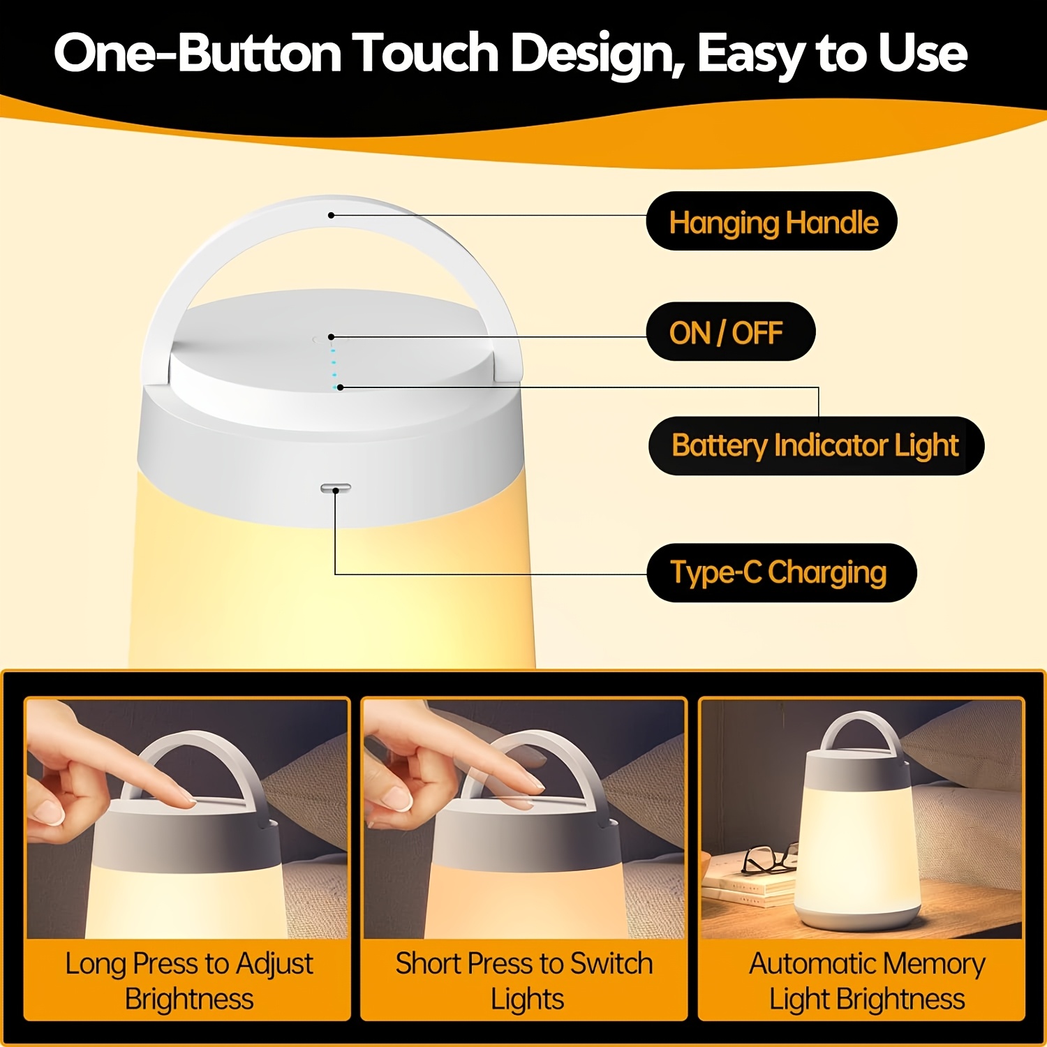 Portable Eye-Care Night Light, LED Touch Sensor Nursing Night Light, 3-Color Touch Dimmable Lamp, Rechargeable Portable Memory Night Light Bedside Lamp
