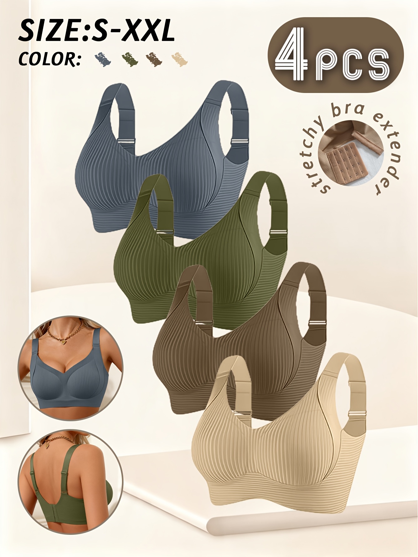 Women's 4pc Wire-Free Bralette Set, Full-Coverage Push-Up