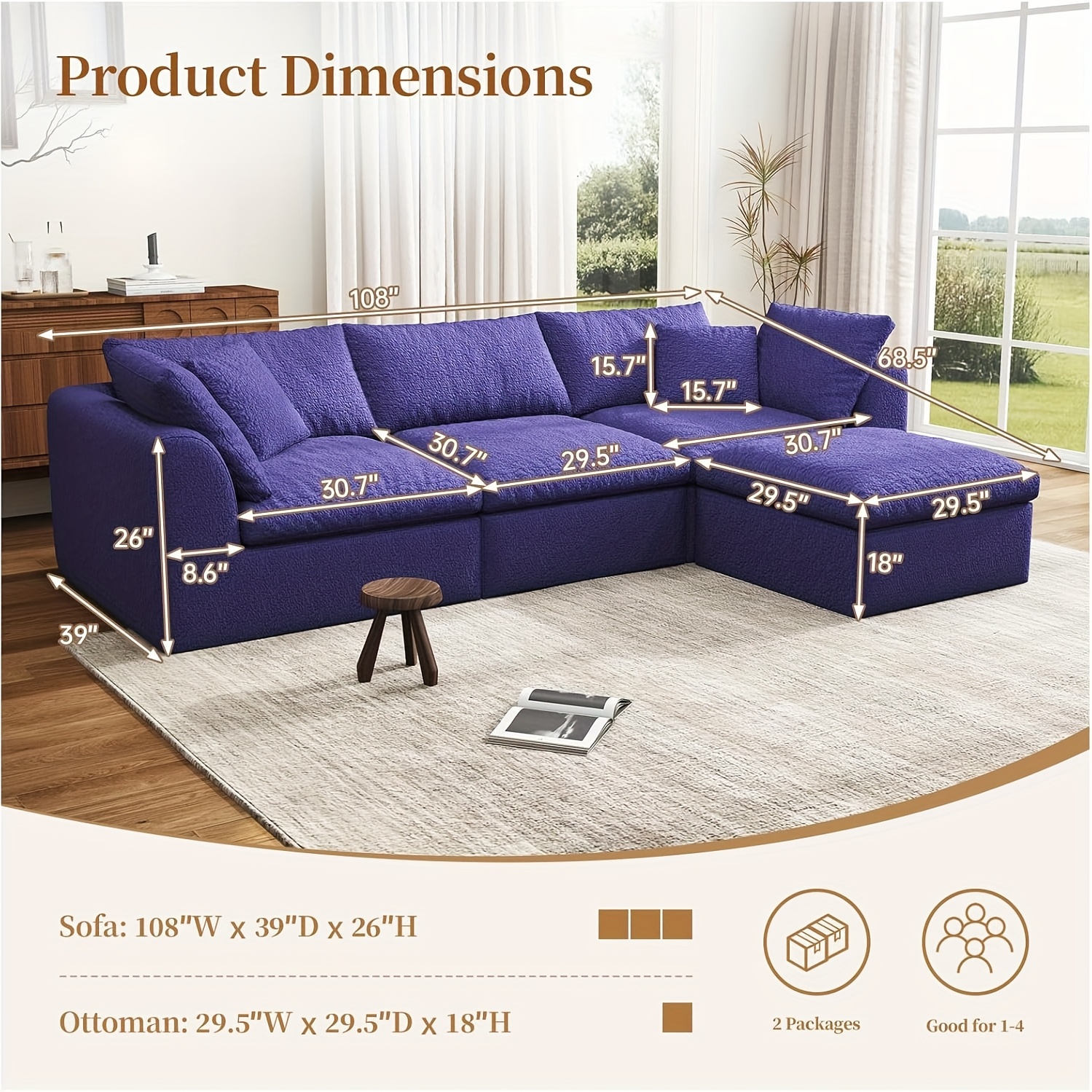 Modular Sectional Sofa with Movable Ottoman | No Assembly Required, Boneless Cloud Couch, Deep Seat L-Shaped, Suitable for Living Room, Bedroom, and Apartment