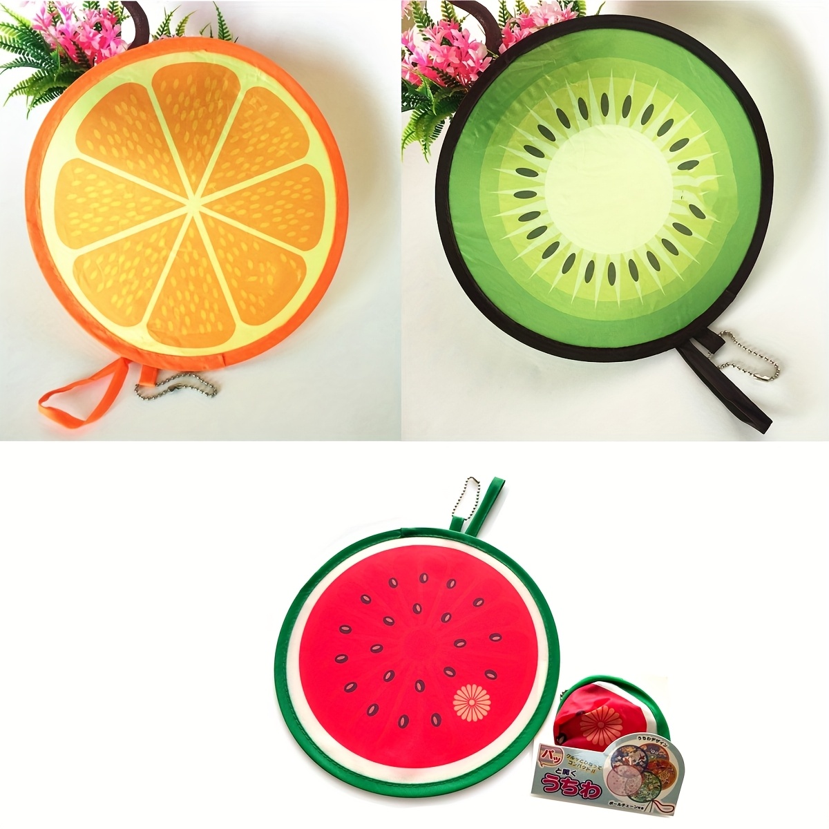 TEMU 3pcs Set, Orange Watermelon Kiwi Foldable Fans, Fruit Series Foldable Round Fans, Nylon Foldable Fans.