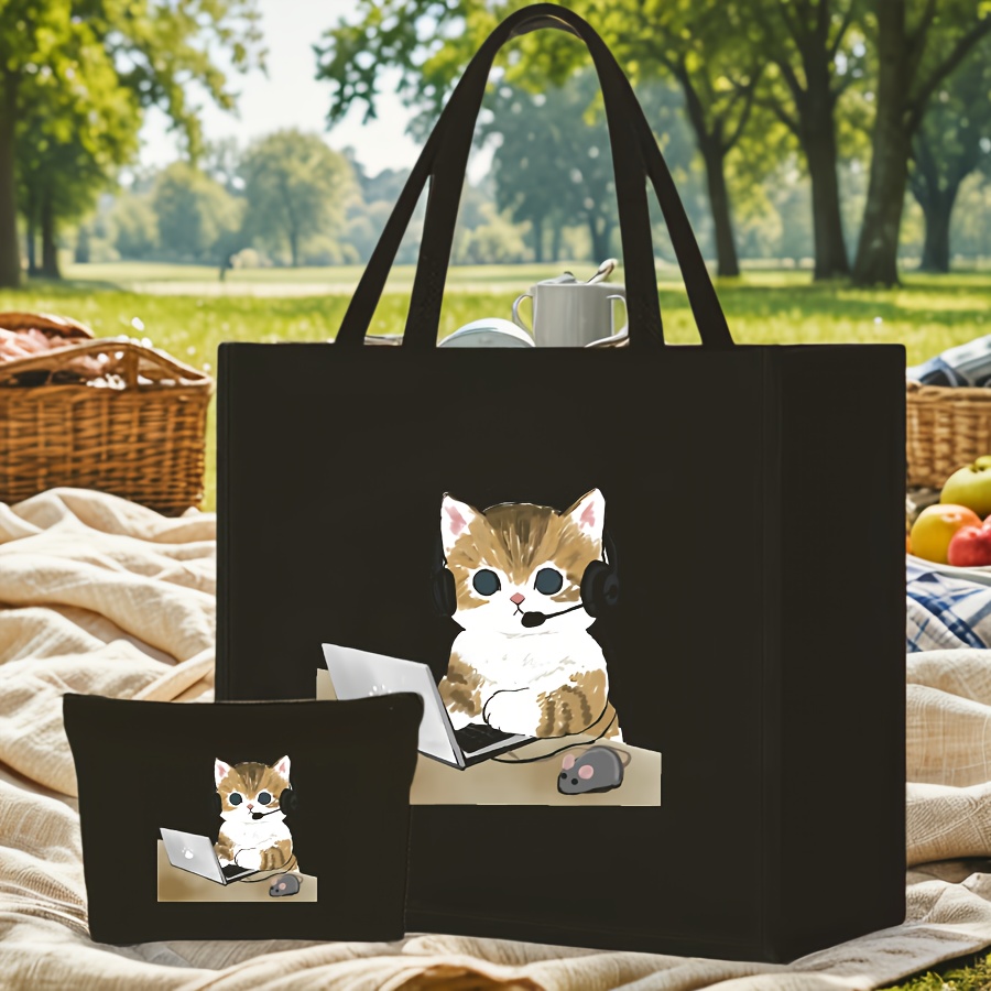 TEMU 【2個セット】可愛い子猫プリント トートバッグ - 軽量生地、持ち運びやすいハンドバッグ。ショッピング、旅行、ビーチなどに最適。丈夫で多用途。