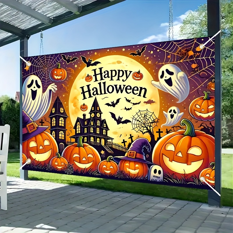 【2dバナー】1枚入り ハッピー ハロウィン 背景バナー - ポリエステル製、複数サイズ展開。幽霊、カボチャ、コウモリ、幽霊屋敷が特徴のス なポリエステル製ウォールデコレーション。リビング、寝室、オフィスに最適。
