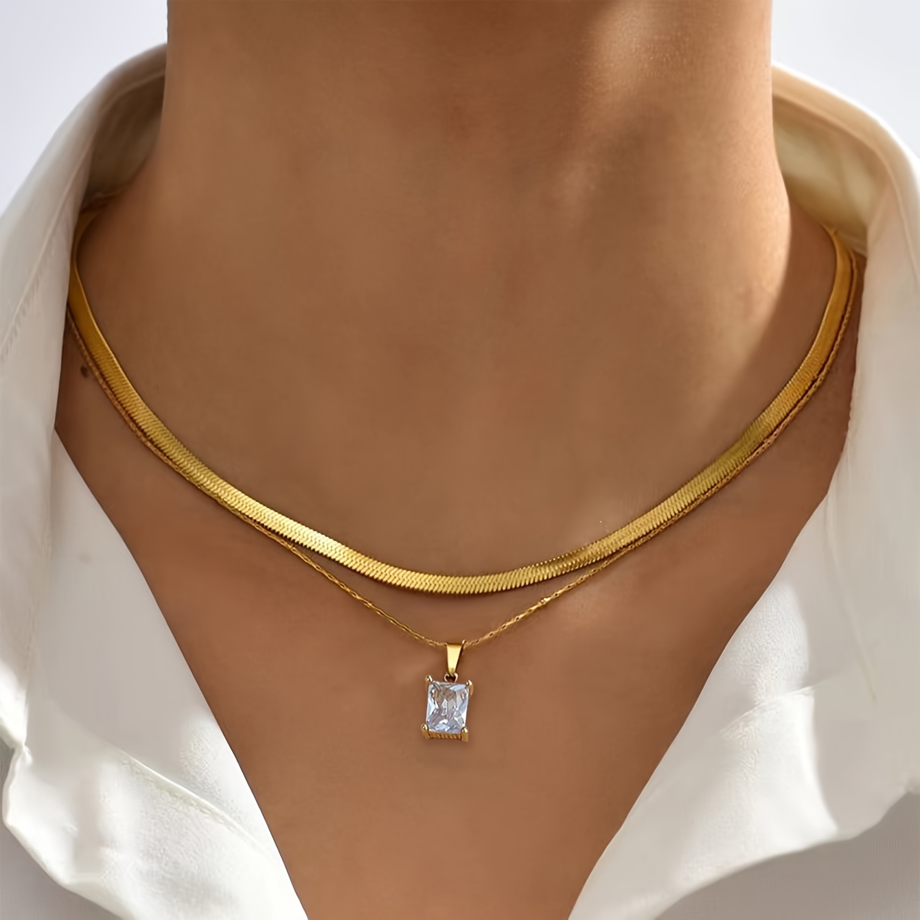 

2pcs/set Retro Simple Square Zirconia Pendant Stainless Steel Flat Chain Twisted Chain Necklace