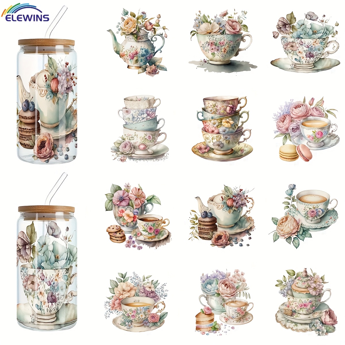 TEMU 12pcs UV DTF Cup de qualité professionnelle - Convient aux gobelets de 16 oz, film de tasse isotherme pour floral | Transfert anti-rayures