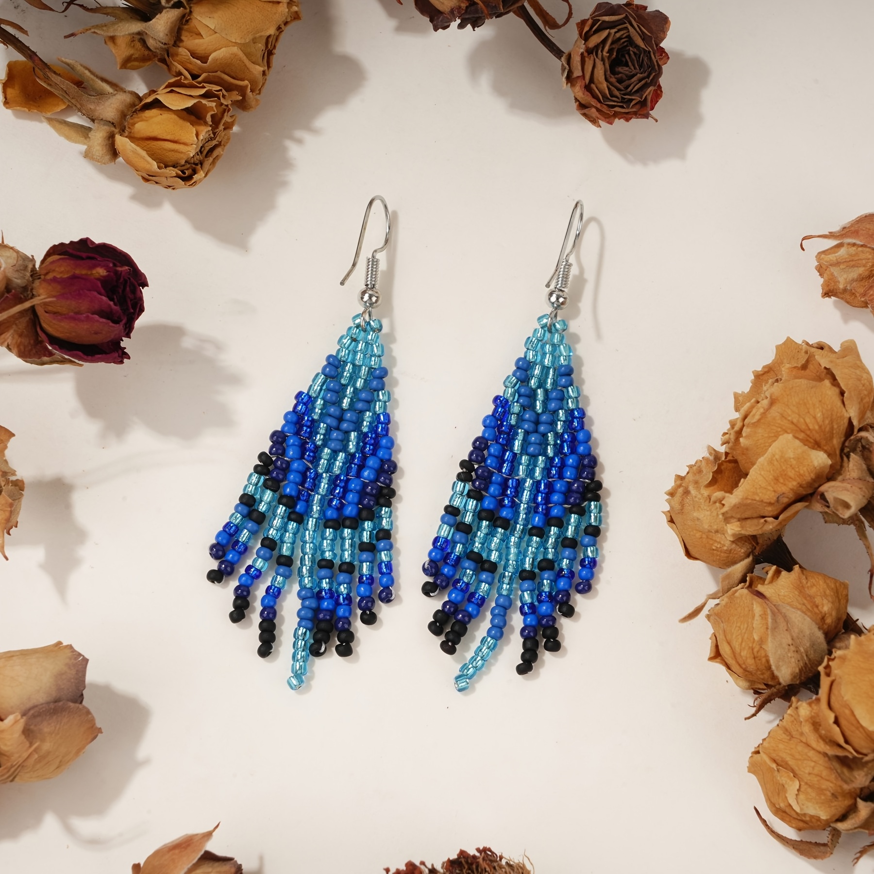 Blue Gradient Feather Tassel Bead Earrings for Women