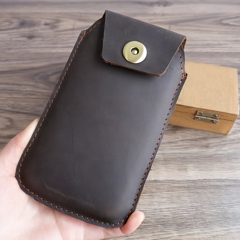 TEMU Phone Case - Vintage Handmade Genuine Leather Phone Case, Metal Snap Closure Full Coverage Anti-drop Phone Pouch, Unisex Smart Phone Organizer