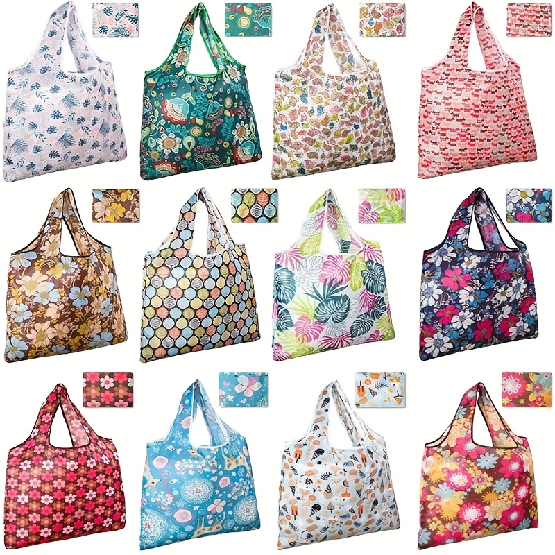 

10pcs Vibrant Floral & Paisley Reusable Grocery Bags - Polyester, Foldable & Shopping With Stylish Patterns For High-, Reusable Shopping Bags