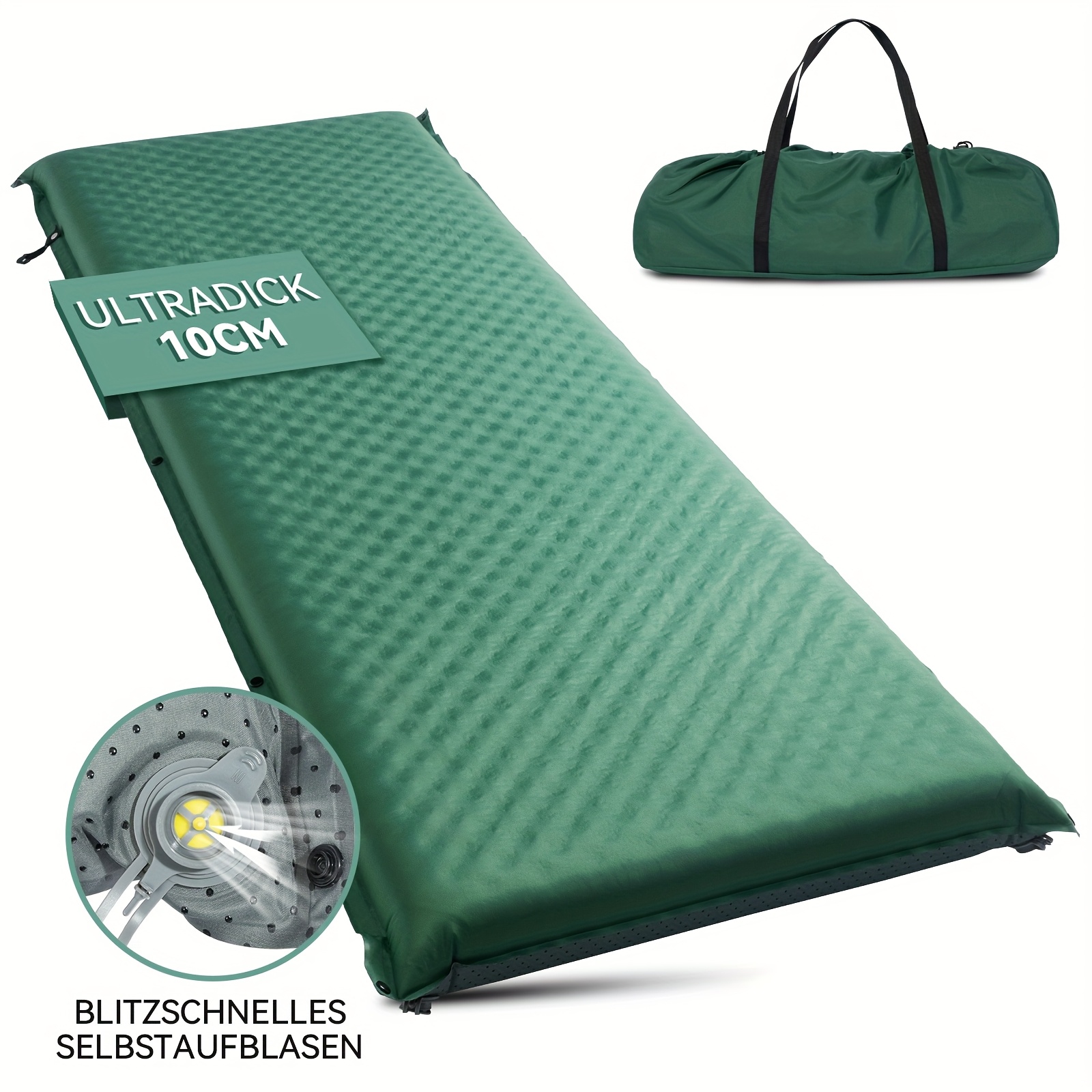 Self-inflating Sleeping Mat, 10cm Thick Camping Foam Inflatable Sleeping Pad, Ultra-thick Self-inflating Inflatable Sleeping Pad, Comfortable Sleeping Mat For Outdoor, Tent, Hiking, Travel, Green