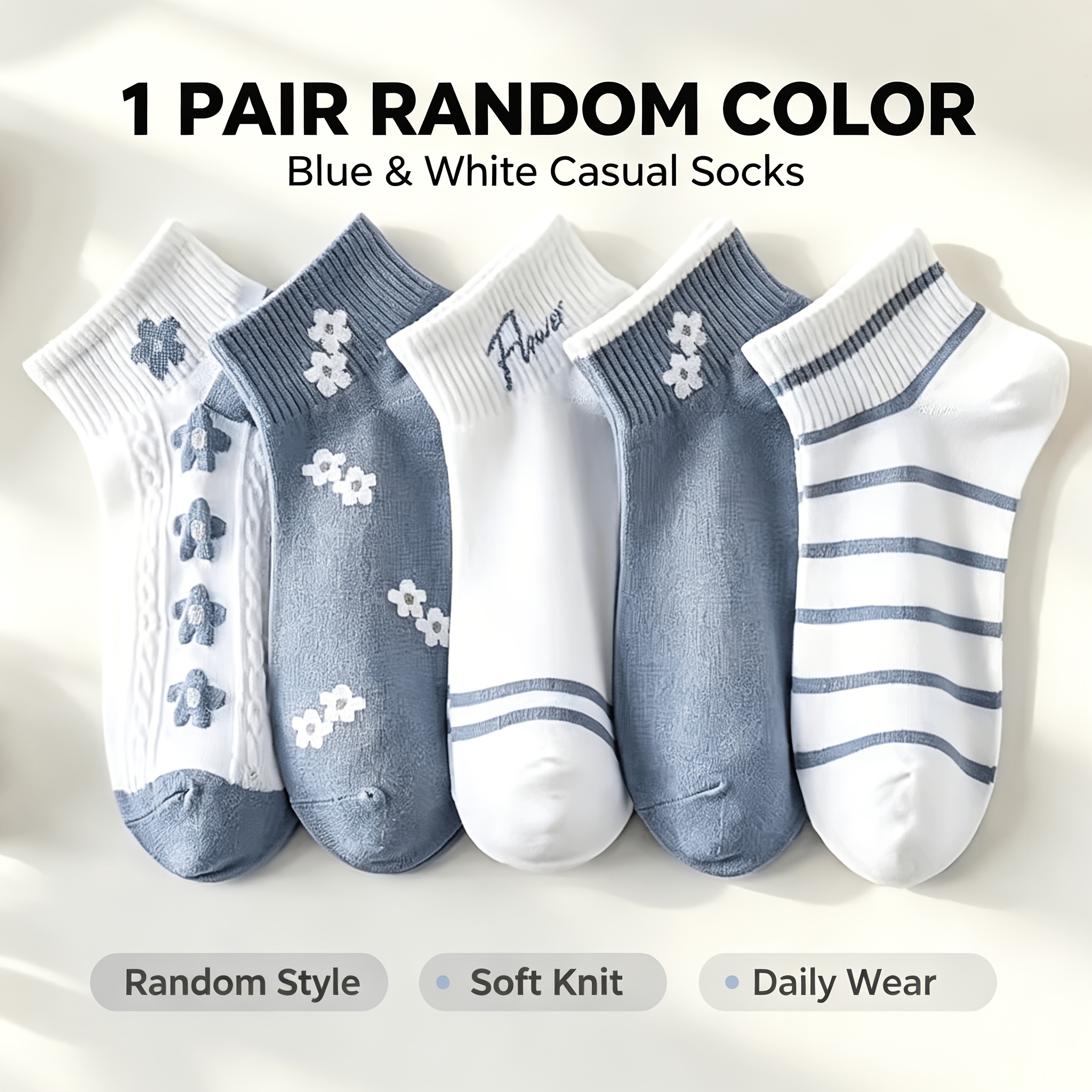 TEMU 1 Pair/5 Pairs Random Colors Women's Ankle Socks With Lovely Floral Stripe Patterns, Comfortable, Breathable And Designed In Style, Suitable For
