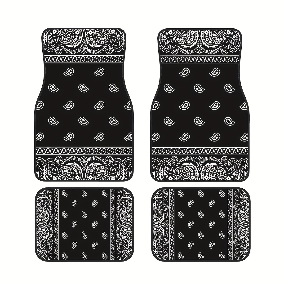 

4-piece Black Paisley Car Rubber Floor Mats - Universal Fit, Synthetic Rubber, Waterproof And Easy To Clean - Suitable For Front And Rear Of Your Vehicle