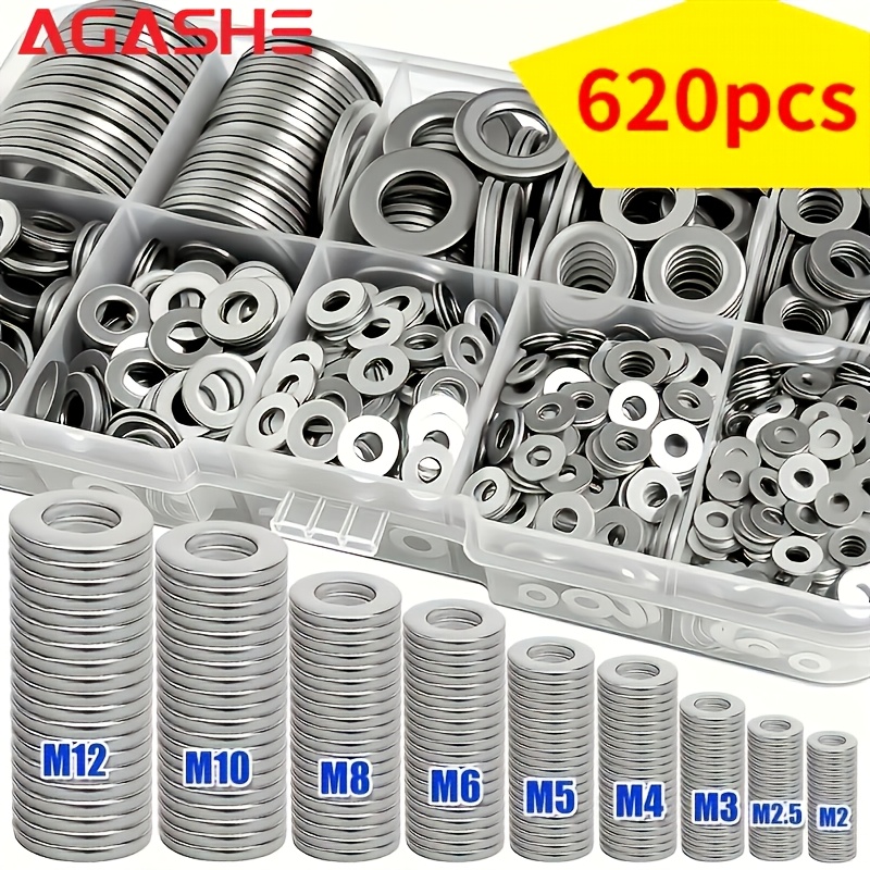 TEMU Kit d'assortiment de rondelles plates en métal 620 pièces avec boîte de rangement, rondelles plates de renforcement durables, surface lisse
