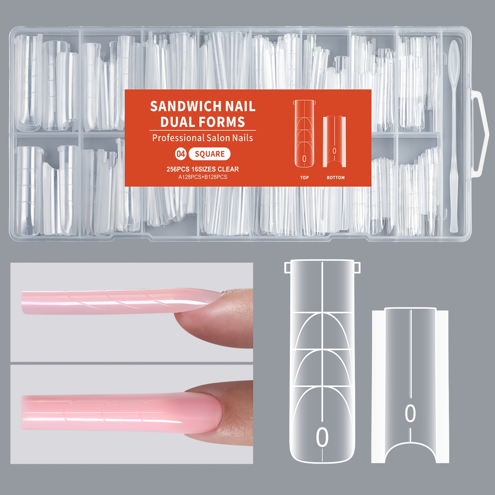 TEMU 256pcs Of Sandwich Acrylic Nail Extension Molds In 16 Sizes - Coffin And Square Shapes, Easy To Off, No Mess For Salon And Manicure Tools