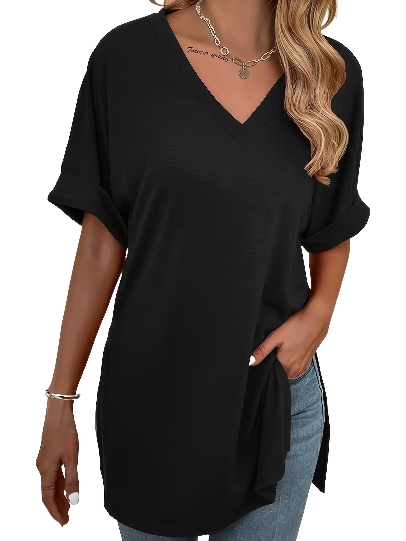 3-teiliges set damen lockeres oberteil, elegantes, bequemes basic-shirt, modisches t-shirt mit v-ausschnitt, kurzarm seitenschlitz