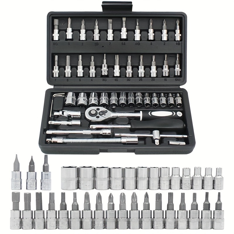 

46pcs Socket Wrench Set, Other Metal Materials, Quick Release Ratchet Mechanism, Sockets, Universal Joint, Screwdriver Bits, For Home Toolbox, Uncharged Automotive Repair Tool Kit, Without Battery