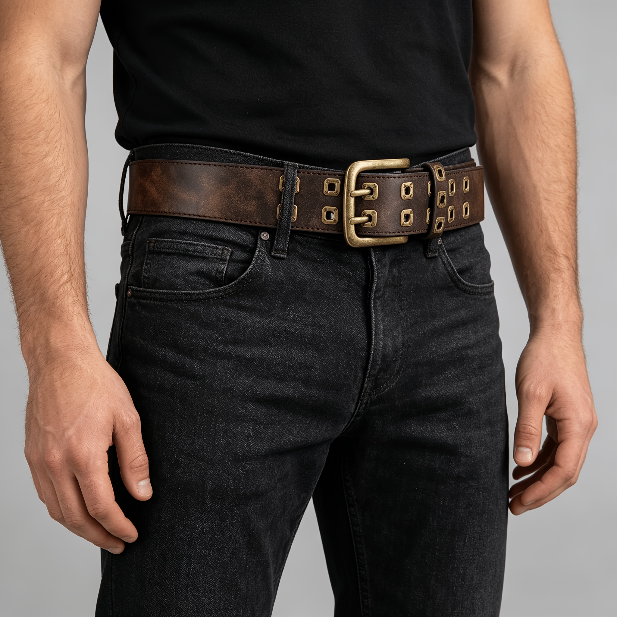 TEMU 1pc Men's Vintage Golden Double-prong Belt Fashionable Cool Casual All-match Trousers Western Style Belt, Pair With Shirt Jacket Suit, Suitable