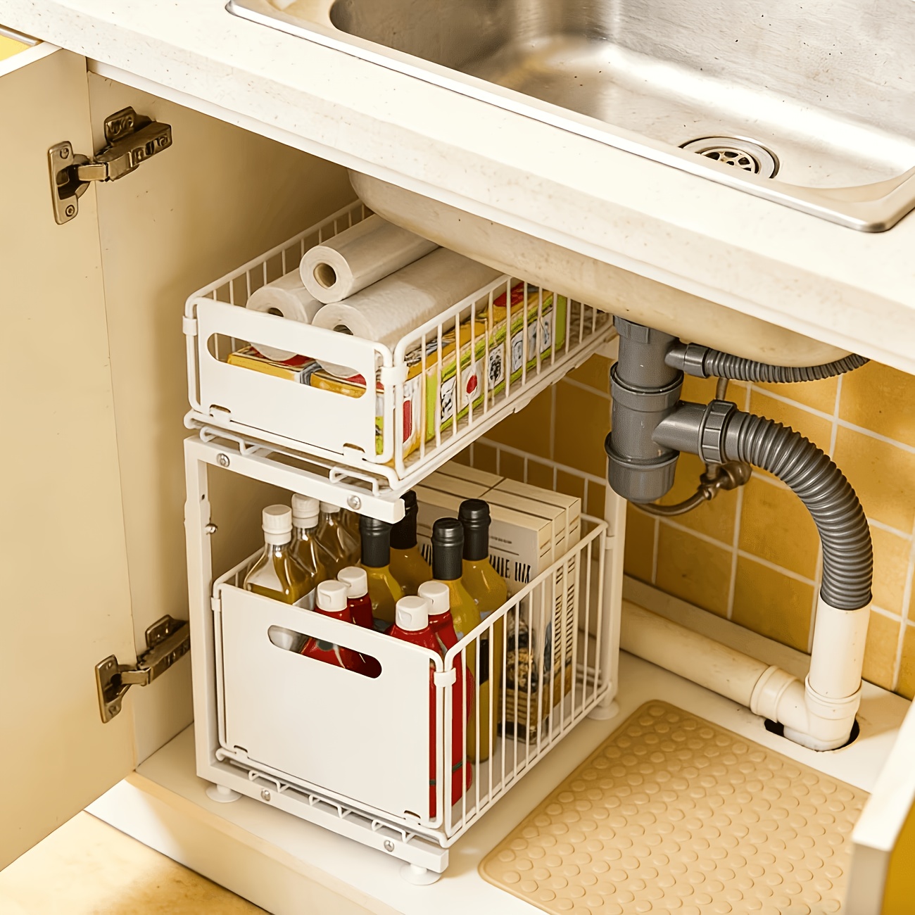 2026 New Double-layer Pull-out Cabinet Storage Rack, Adjustable Multi-functional Organizer With Sliding Drawers For Convenient Kitchen Storage