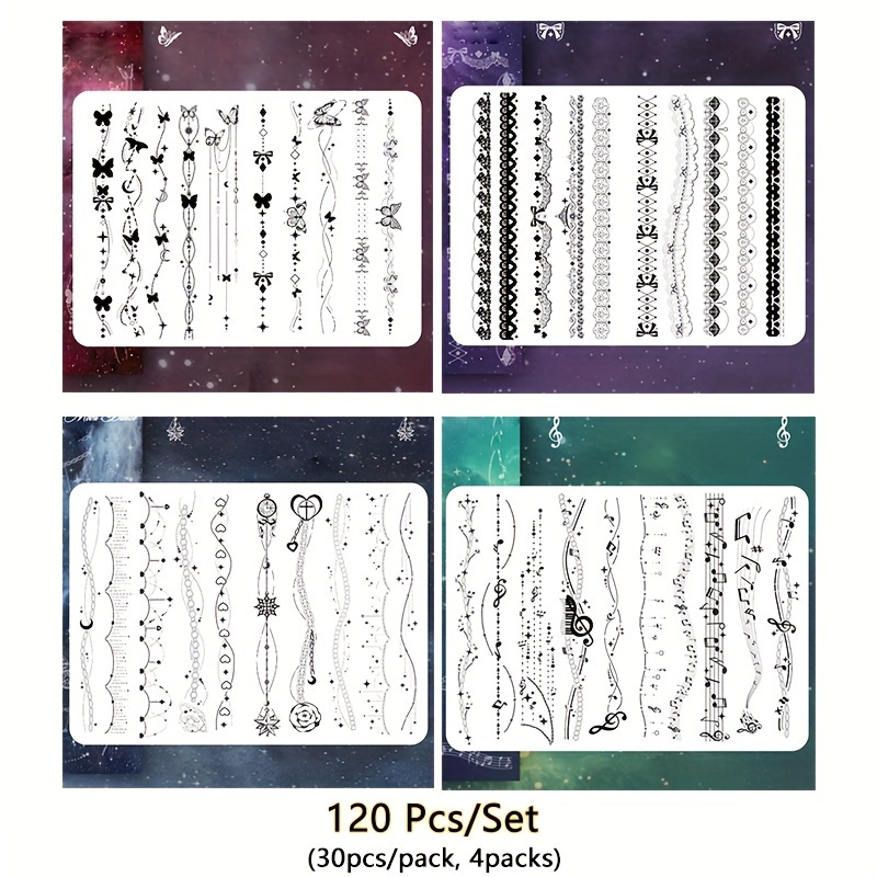 120pcs Exquisite Glittering Lace Embroidery Stickers, Decoration Material Fantasty Laser Shiny Border Stickers, Delicate Musical Notes Lace Chain Pattern Decals Set