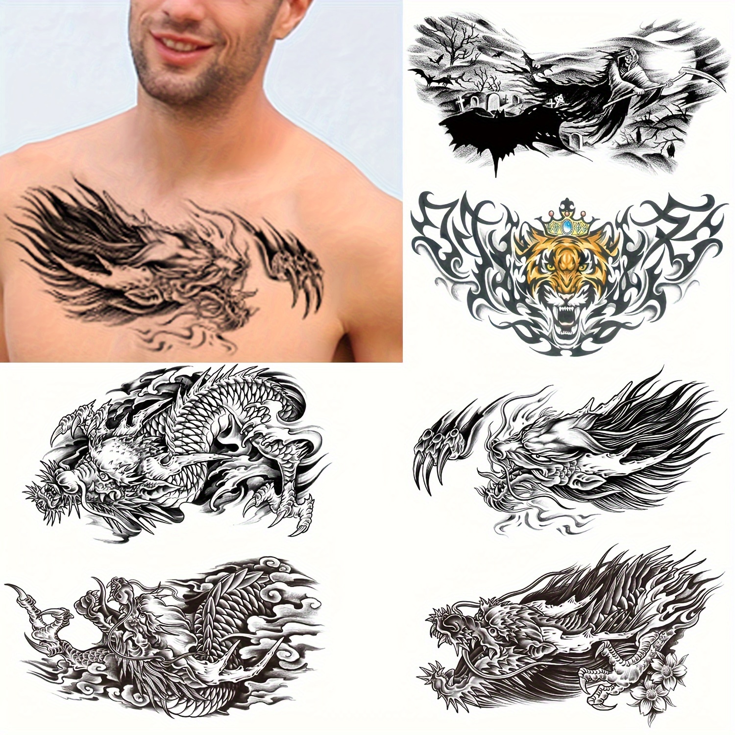 

Dragon Temporary Tattoo For Men, 6-pack Large Realistic Back Chest Tattoos Stickers, Long-lasting Horizontal Tiger Death Fake Tattoos, Makeup For Adults Body Shoulder