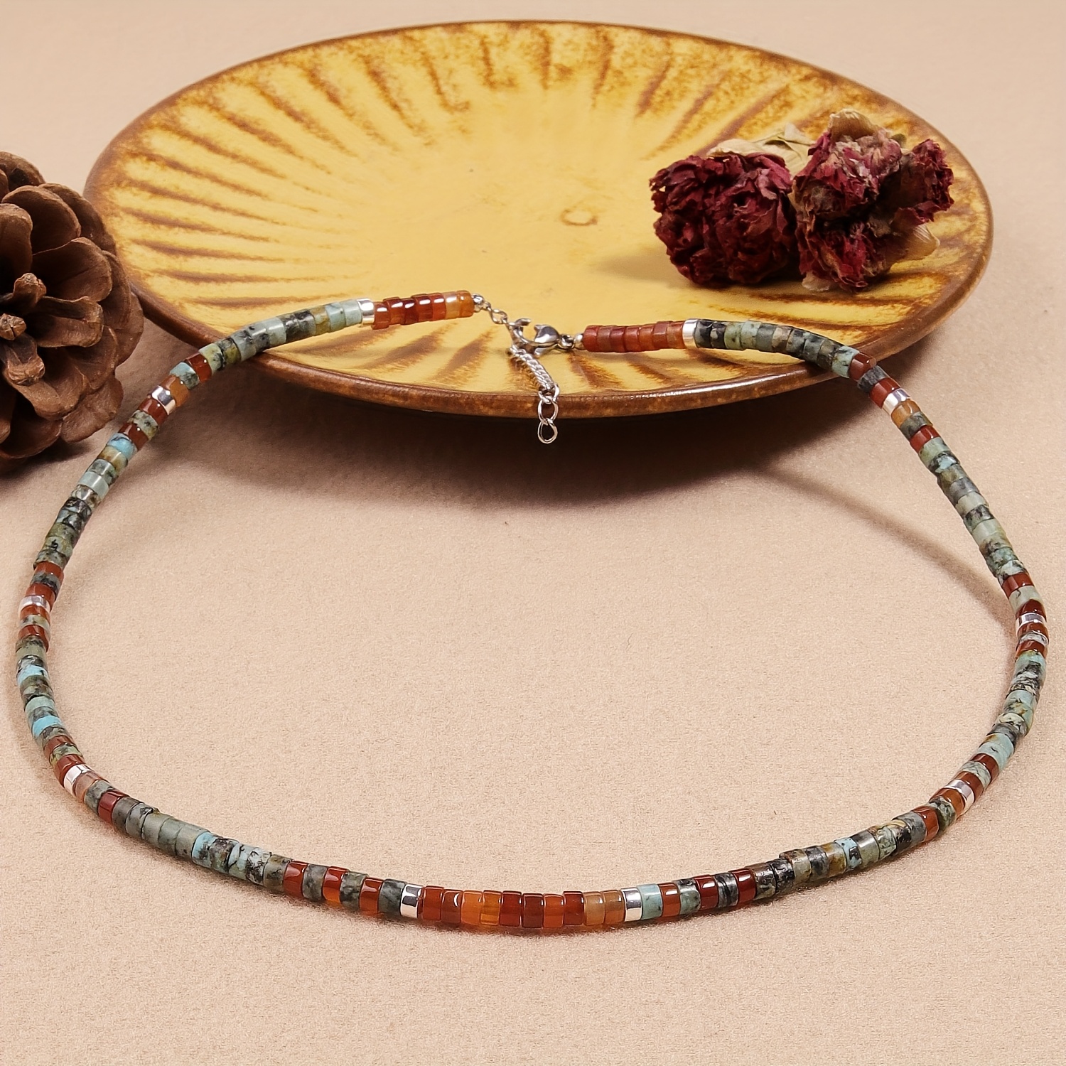E-shop Naturstein . Retro Bohemian Blau Türkis Orange Achat Silberfarben Handgefertigter Perlen Spacer Halskette 4mm Herren und Damen Schmuck Perfektes