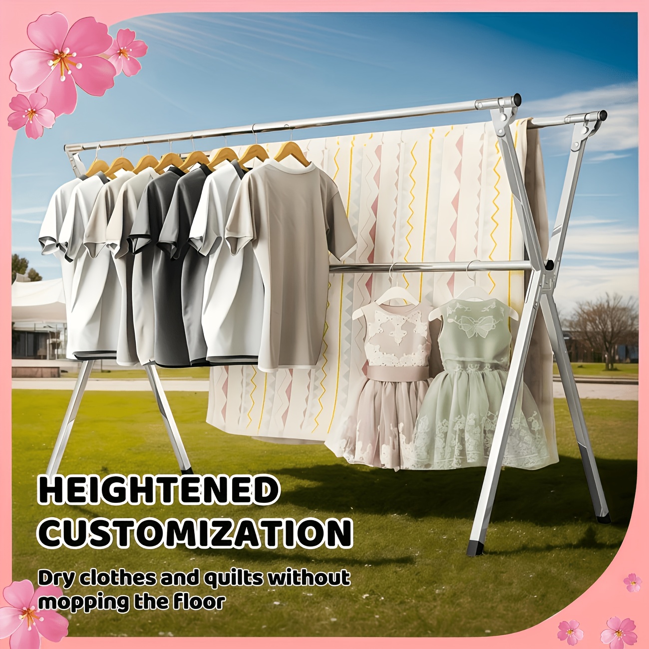 TEMU Foldable Metal Clothes Drying Rack With 3 Adjustable Rods - Space-saving Heavy-duty , Portable Indoor/outdoor Laundry Rack For Clothes, Blankets