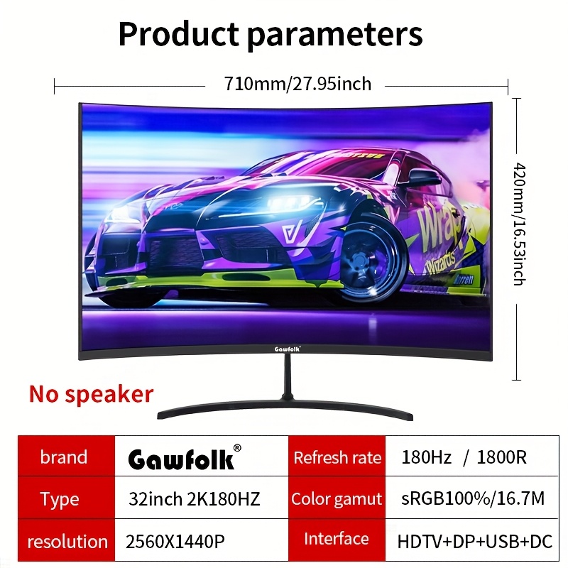Image of Gawfolk 32-inch Curved 2k 180hz Pc Monitor Screen, Full Hd 2560*1440p, Speakerless, Frameless 1800r Computer Screen, Vesa Standard