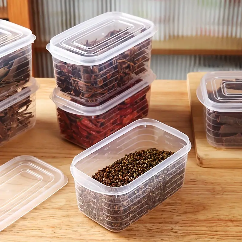 Комплект из 5 прозрачных пластиковых контейнеров для хранения продуктов объемом 700 мл с крышками, безопасных для использования в морозильной камере, для приготовления еды, для фруктов, мяса, специй, многофункциональных, штабелируемых, кухонных органайзеров, набор для пикников, домашнего использования, детали 2