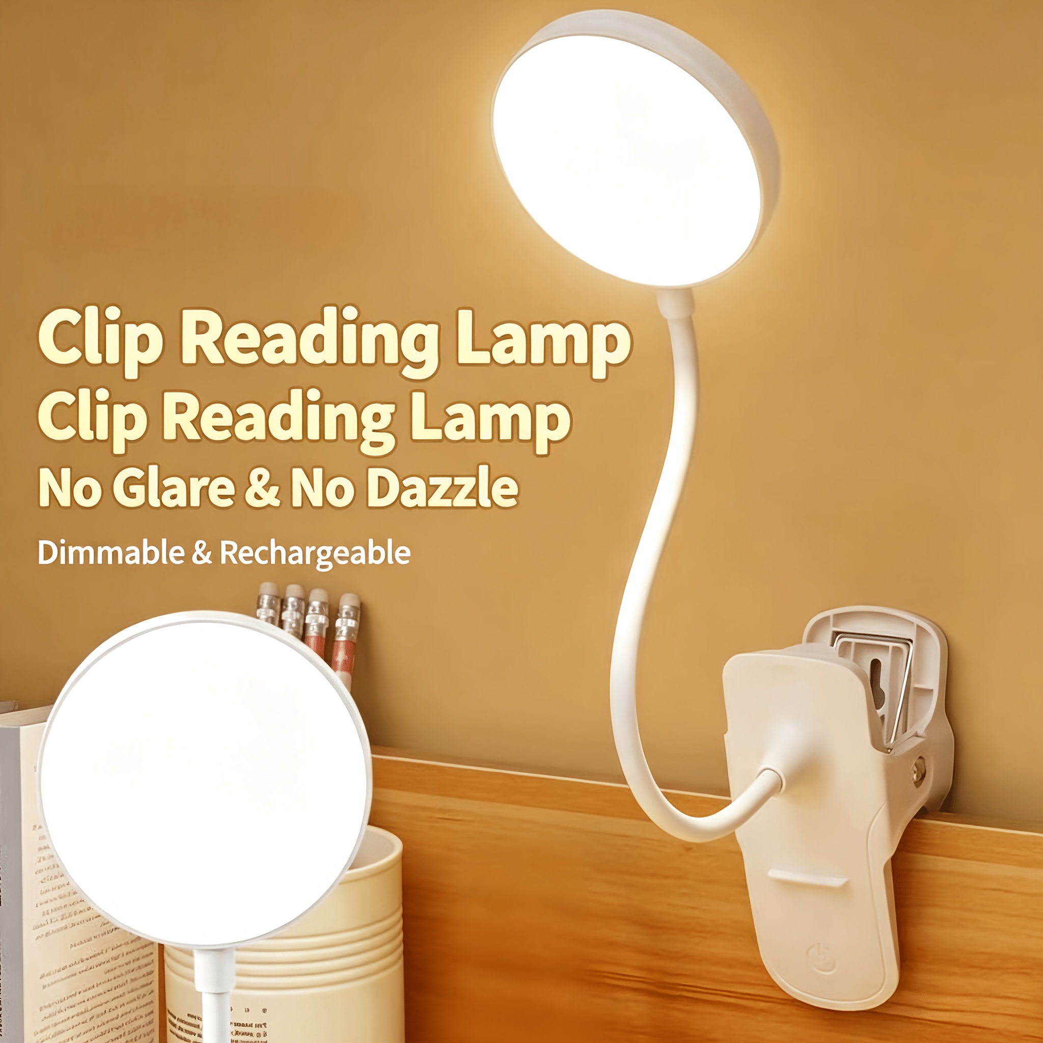 TEMU Usb Rechargeable Clip-on Desk Lamp With Touch Control & 3 Color , 360° Gooseneck Flexible Arm, No Eye- Light Suitable For Bedroom, Dorm, Study,